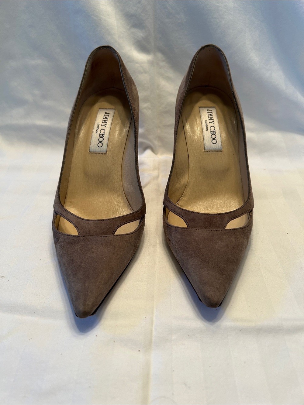 Jimmy Choo Taupe Suede Pointed Pumps with Cutout Detail